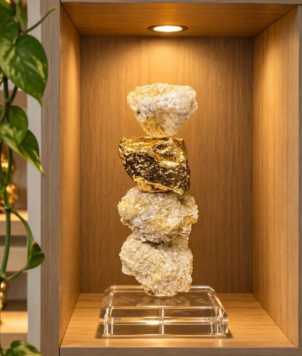 Escultura de pedras naturais com fragmento dourado iluminada em nicho de madeira